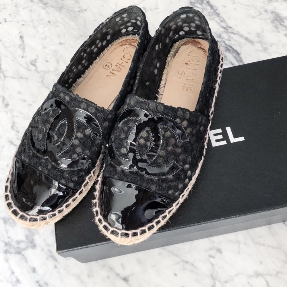 Chanel black eyelet patent CC logo espadrilles